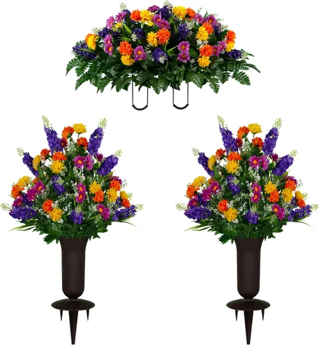 Miniatura 15 de Sympathy Silks Flores artificiales para cementerios – Decoraciones para tumbas - 1 ramo de flores silvestres de violeta púrpura y naranja, 1 montura