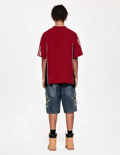 Miniatura 8 de Vamtac Pantalones cortos de mezclilla para hombre, diseño de retazos de estrellas, tiro medio, casual, holgado, para verano, pantalones de mezclilla