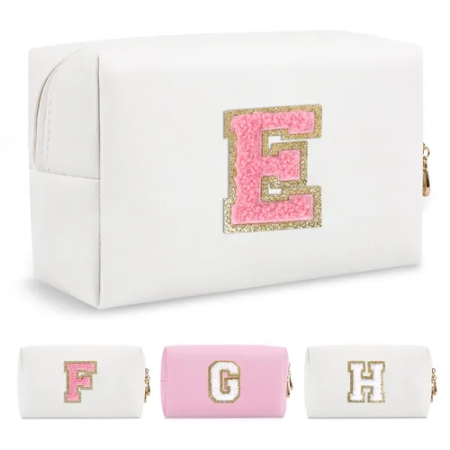 Miniatura 125 de Pequeña bolsa de maquillaje personalizada con inicial A-Z Preppy Patch, bolsa de cosméticos de viaje de felpilla blanca con cremallera, bonita bolsa