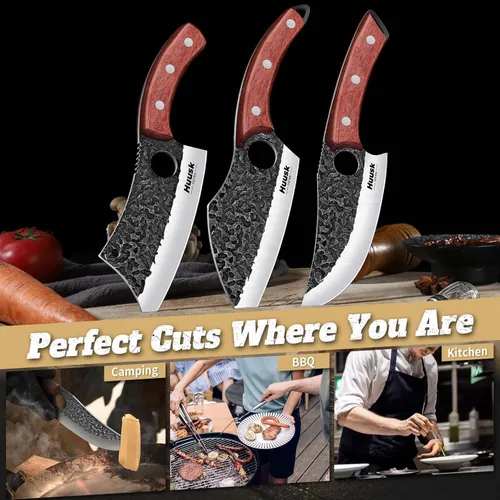 Miniatura 6 de Huusk Juego de 3 cuchillos de carnicero japoneses para cortar carne, juegos de cuchillos vikingos forjados a mano con cuchillo de carne