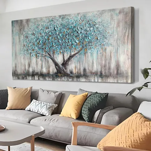 Arjun Arte de Pared en Lienzo de Árbol para Sala de Estar, Árbol de la Vida Azul, Naturaleza Verde Azulado, Pintura Abstracta con Textura, Cuadro