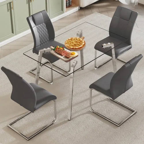 Miniatura 32 de Juego de mesa de comedor de cristal para 4, mesa rectangular con 4 sillas de cocina de cuero gris, juego de comedor de cocina de 51 pulgadas, mesa 4