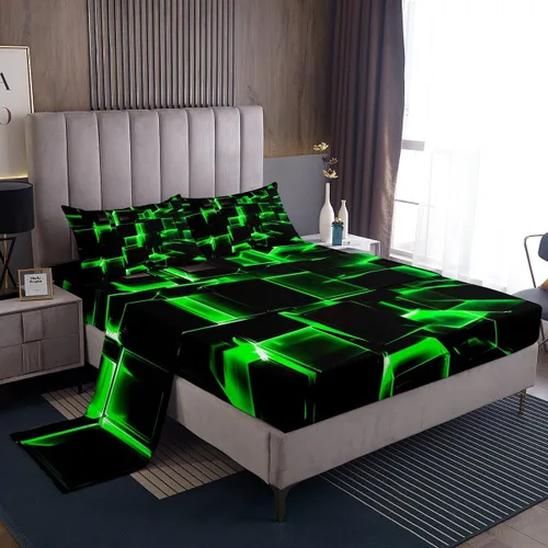 Miniatura 31 de Erosebridal Juego de sábanas de cama negro y rojo, juego de sábanas de tamaño individual abstracto moderno, sábanas a cuadros brillantes 3D, juego