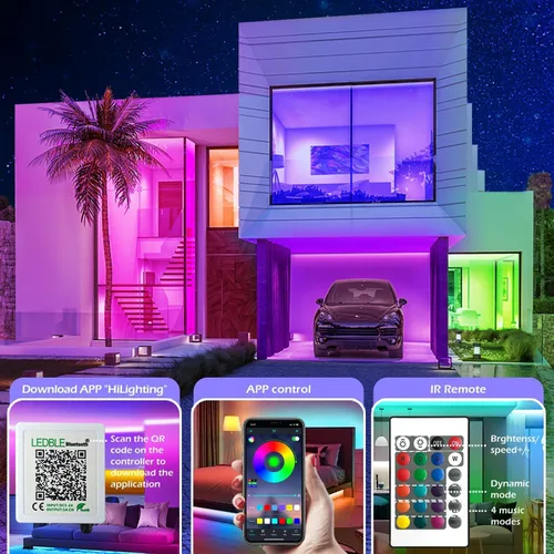 Miniatura 3 de Tira de luces LED inteligentes, con sincronización de música, 5050 RGB, luces que cambian de color, aplicación Bluetooth, control remoto por