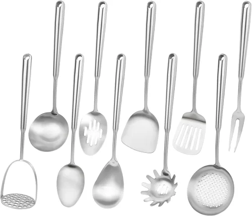 Miniatura 10 de Juego de utensilios de cocina de acero inoxidable de 18 y 10 piezas, 9 piezas de utensilios de cocina de metal de 14 pulgadas de largo, resistentes