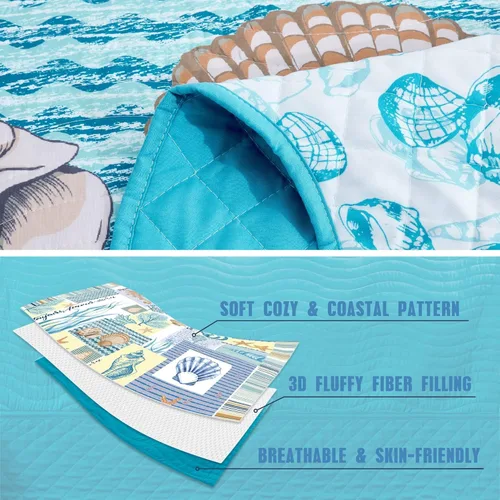 Miniatura 6 de HZ & HY Colcha costera tamaño King extragrande, ropa de cama ligera para playa, colcha náutica, costuras reales, reversible, 6 piezas, 100% Coral