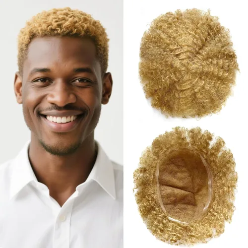 Miniatura 10 de Afro Toupee For Black Men Black Human Hair Mens Toupee Full Lace Hairpiece African American Wavy Kinky Hair System For Men 2MM Afro Wavy-#1 Jet Black
