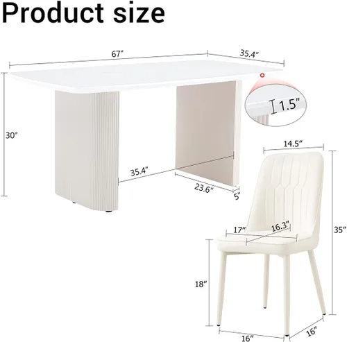 Miniatura 3 de Ebullient Juego de mesa de comedor blanca de 67'' para 6, juego de sillas de mesa de cocina con elegante base de pedestal ondulado, juego moderno