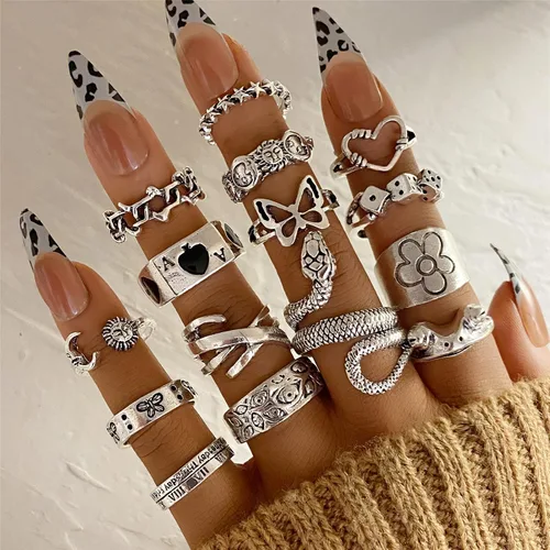 Miniatura 8 de FAXHION Anillos de acero inoxidable para hombres y mujeres, anillos punk abiertos de plata vintage para hombres y mujeres, Plata, acero inoxidable