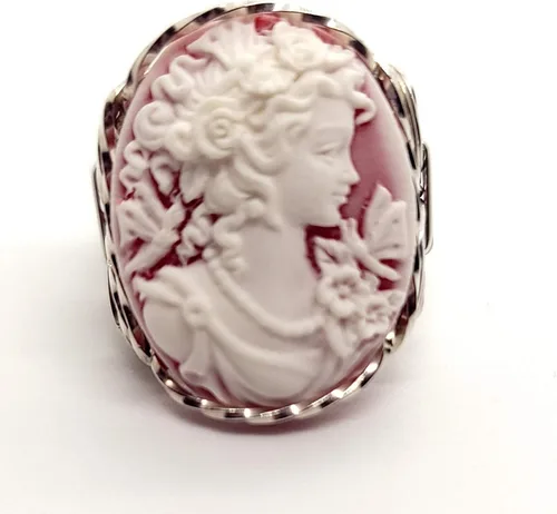Miniatura 2 de Anillo de camafeo grande de plata de ley 925 con mariposas griegas rojas