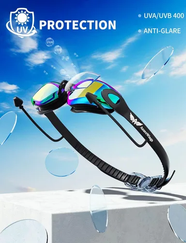 Miniatura 4 de Gafas de natación 7 en 1 + gorro de natación para hombres y mujeres, sin fugas, antivaho y UV, lente de PC con espejo HD de visión amplia