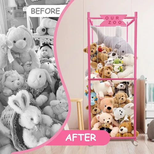 Miniatura 8 de Zoológico de almacenamiento de animales de peluche con ruedas, soporte de madera grande para animales de peluche, organizador de juguetes