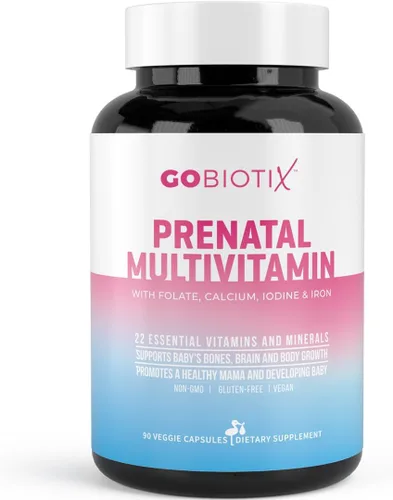 GoBiotix Vitaminas prenatales veganas con hierro, calcio, vitamina D2, C, zinc y ácido fólico para mujeres embarazadas y antes del embarazo,
