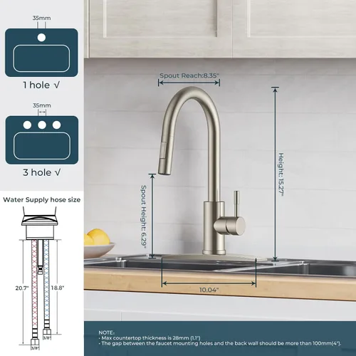 Miniatura 2 de FORIOUS Grifo de cocina con rociador desplegable, níquel cepillado, arco alto, moderno, clásico, grifo de fregadero de acero inoxidable con placa