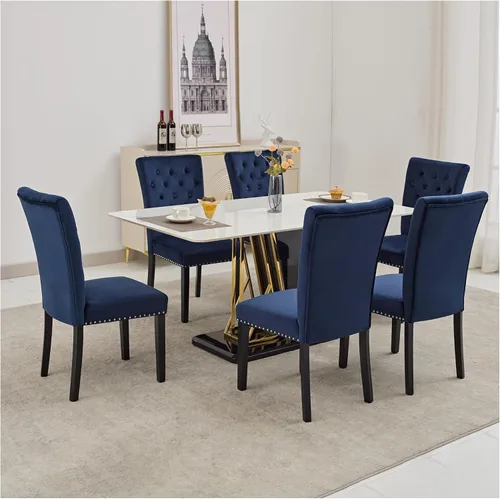 Miniatura 19 de Juego de 4 sillas de comedor de cocina de terciopelo, silla de comedor tapizada Parsons, silla decorativa de madera con ribete clavado, azul