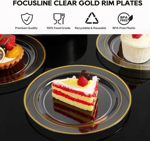 Miniatura 4 de FOCUSLINE Platos pequeños de plástico transparente dorado de 7 pulgadas, 100 unidades, platos transparentes desechables resistentes con borde Platos