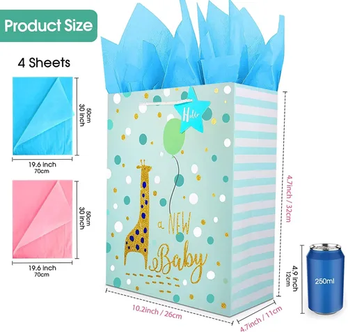 Miniatura 3 de Bolsa de regalo para bebé, bolsas de regalo grandes de 12.6 pulgadas con papel de seda, bolsa de regalo para baby shower con diseño de lámina Azul
