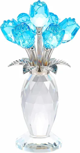 Miniatura 9 de YWHL Figura de ramo de rosas azules de cristal con jarrón, hecha a mano para mujeres en el día de la madre, flores de cristal con tallo decoración