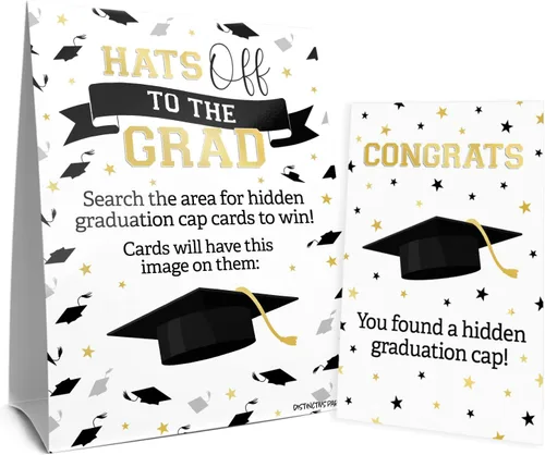 Grad Cap Scavenger Hunt, juego de fiesta de graduación Class of 2026-1 cartel independiente y 10 tarjetas para ocultar