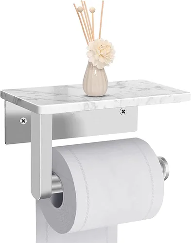Miniatura 9 de Soporte de papel higiénico dorado cepillado con estante de mármol, soporte de papel higiénico montado en la pared de acero inoxidable 304, soporte