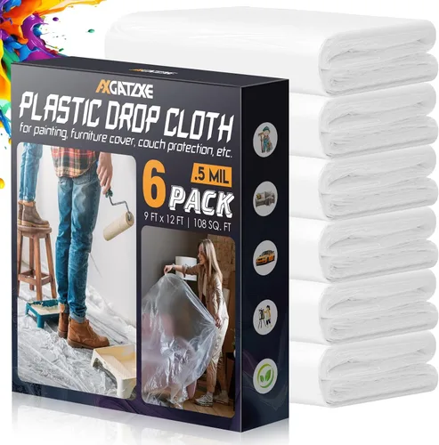 Paños de plástico de 12 x 9 pies (paquete de 6) – Láminas y lonas desechables para pintar, muebles impermeables, sofá/protección del suelo