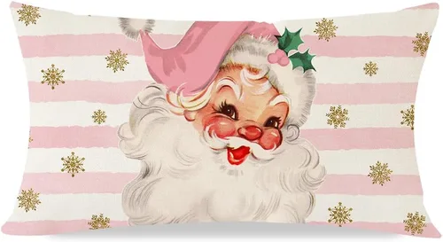 PANDICORN Fundas de almohada de Navidad de 12 x 20 pulgadas, color rosa, vintage, Papá Noel, decoraciones de Navidad, retro, casa de campo,