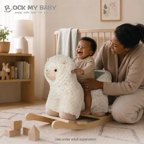 Miniatura 2 de Rock My Baby Caballo de madera con asiento para bebé, alpaca y llama, peluche con asiento para bebés de 1 a 3 años, juguete de balanceo de madera