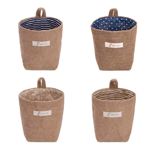 Paquete de 4 bolsas de almacenamiento para colgar en la pared, bolsas de almacenamiento colgantes de algodón y lino, cesta de almacenamiento