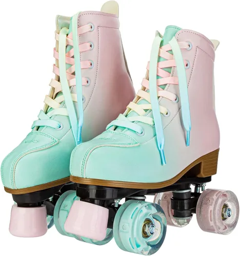 Miniatura 7 de YYW Patines de ruedas para niñas y mujeres, fantásticos patines de PU con gradiente rosa y verde iluminados para niños y jóvenes, para interiores