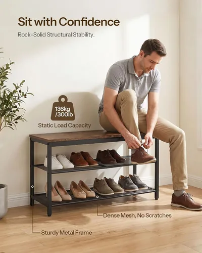 Miniatura 5 de HOOBRO Banco de zapatos de 3 niveles, organizador industrial de zapatos, banco de almacenamiento de 29.5 pulgadas con estantes de malla, para Marrón