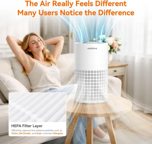 Miniatura 8 de Purificador de aire AIRROMI para dormitorio con filtro HEPA 3-en-1, purificador de aire para mascotas para el olor a orina de gato en el hogar