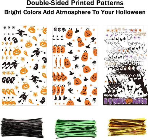 Miniatura 2 de LOMIMOS 150 bolsas de dulces de celofán de Halloween, bolsas de plástico transparente con 300 lazos giratorios para aperitivos, galletas