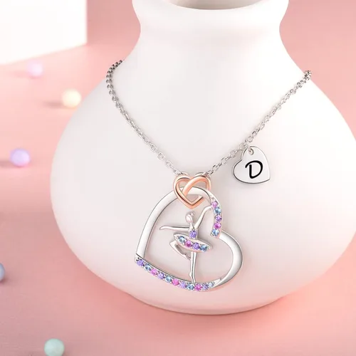 Miniatura 4 de ACJNA Ballerina Necklace - Sterling Silver - Dance Necklaces for Girls Initial Letter Ballet Jewelry Pendant Rainbow Colorful CZ Heart Silhouette