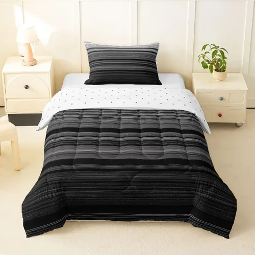 jejeloiu Juego de edredón geométrico para niños, tamaño individual, diseño de rayas de color negro, blanco y gris, juego de ropa de cama decorativo