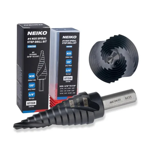 Miniatura 70 de NEIKO 10602B Step Drill Bit, 13 Steps 1/8" to 1/2" Spiral M35 Cobalt, AlTiSiN Coated, 1/4" Quick Change Step Bits for Steel, Metal, Wood, Plastic