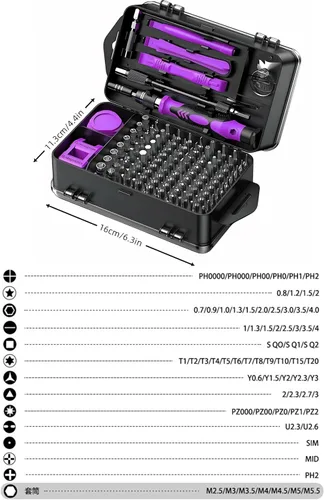 Miniatura 2 de Juego de destornilladores de precisión profesional 115 en 1, kit de herramientas de reparación de electrónica magnética con asas moradas, juego