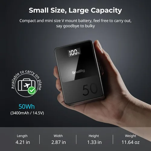 Miniatura 5 de Batería de montaje en V de SmallRig VB50 Negra, Batería de montaje en V de 50Wh / 3400mAh con salida de 45W, carga completa en 1.5H, con USB-C
