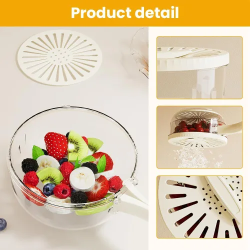 Miniatura 7 de Cuenco multifuncional para lavar frutas y verduras, cuenco para lavar frutas con colador, recipiente con tapa, escurridor de frutas con asa para 2