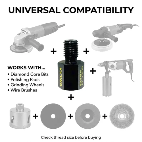 Miniatura 3 de Drilax Adaptador de amoladora angular M14 macho a 5/8-11 hembra, convertidor de rosca europeo a norteamericano para brocas de núcleo de diamante