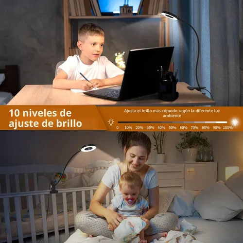 Miniatura 3 de Lámpara de escritorio iZELL, [3 modos de color y 10 niveles de brillo] luz LED de lectura con abrazadera, brazo flexible de silicona para libros