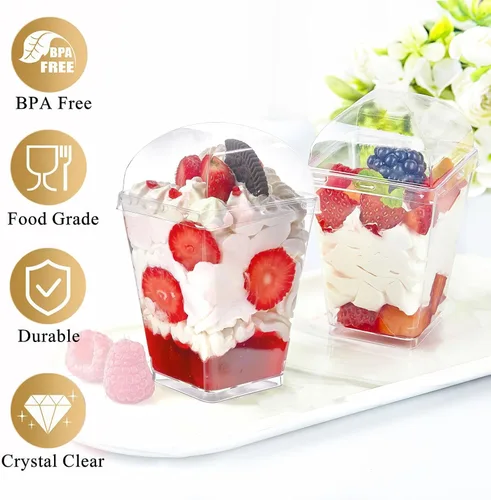 Miniatura 4 de TOFLEN Paquete de 100 tazas de postre de plástico de 5 onzas con tapas de cúpula para fiestas, mini tazas de postre con cucharas, taza disparadora