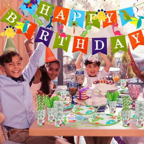 Miniatura 5 de Tessco - 193 piezas de suministros para fiesta de cumpleaños de dinosaurios, incluye platos, tazas, servilletas, pancartas, cuchillos, tenedor