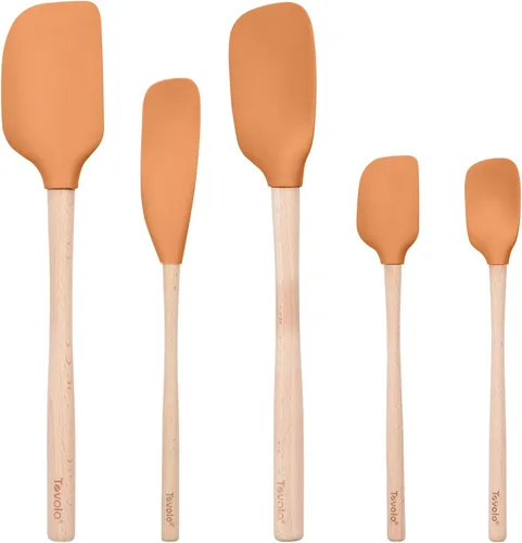 Tovolo Juego de 5 espátulas de silicona con mango de madera, juego de utensilios de cocina de silicona, espátula, raspador, mini espátula y cuchara