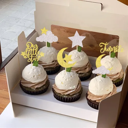 Miniatura 3 de Paquete de 24 adornos para cupcakes con purpurina de luna, nube, estrellas, estrellas, baby shower, niños, cumpleaños, boda, fiesta, decoración