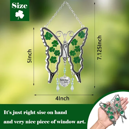 Miniatura 6 de KY&BOSAM Trébol mariposa atrapasoles Faith Hope Love Irish Catcher para ventana, adorno colgante celta, carillón de viento, alas de flores reales