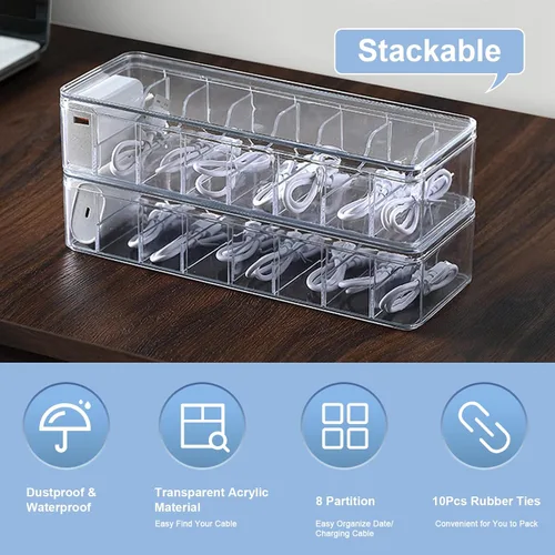 Miniatura 2 de Caja organizadora de cables, caja de almacenamiento de plástico, caja organizadora de cables de alimentación con 10 lazos de goma para oficina