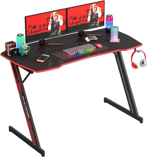 Miniatura 8 de PayLessHere Mesa de Juegos de 35" Azul Escritorio de Computadora en Forma de Z con Marco de Acero, Gancho para Auriculares, Pies Ajustables
