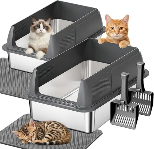 Miniatura 12 de Gimars Paquete de 2 cajas de arena de acero inoxidable XL para gatos grandes y mayores, bandeja de arena de metal para gatos múltiples con lados