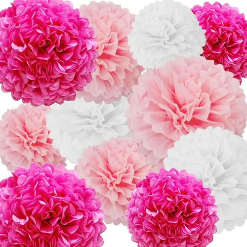 Miniatura 15 de We Moment Pompones de papel de seda morado y rosa para decoración de fiesta de niñas en el techo, para colgar en la pared, 12 pompones de seda de 4