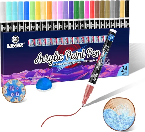 IJIANG Marcadores de pintura acrílica de 24 colores, juego de pintura acrílica con punta extrafina de 0.028 in para pintura roca, tela, piedra,